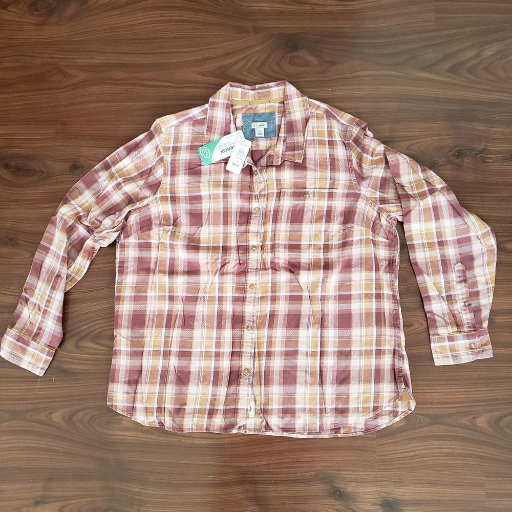New Women's 1X L.L. Bean Rose and Mustard Plaid Rangley Button Down Shirt